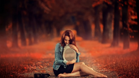 Autumn Redhead - mirror, road, landscape, trees, girl, nature, autumn