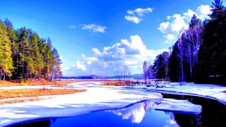 Winter River - water, clouds, frozen, trees, ice, snow