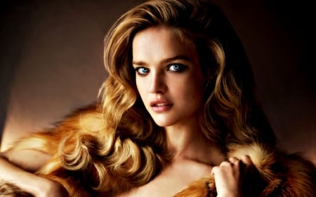 Natalia Vodianova - natalia vodianova, model, orange, blonde, fur, blue eyes, girl, woman