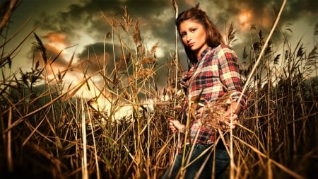 Cowgirl In A Field - style, girls, western, women, models, ranch, cowgirls, brunettes, fun, fields, female, fashion