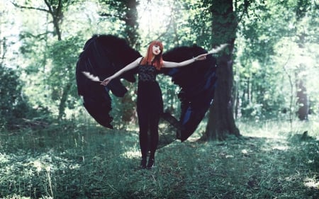 Dress Up and Imagine - wings, winged, black, dark, feathers, female, trees, woman