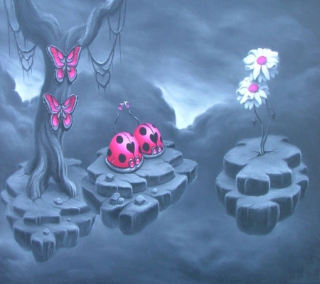 Clouds High Fantasy - clouds, butterflies, ladybug, pink, standing tree, flowers, white, cloud, high fantasy