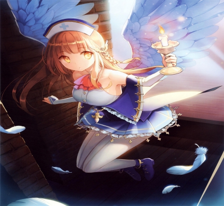 Sariel - candle, angel, girl, wings, long hair, sword girls, cg, game, card, cute