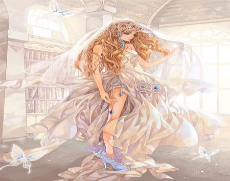 Butterfly Bride - love, wedding, girl, long hair, fashion, bride, orginal, art, butterfly, pretty, romance, dress