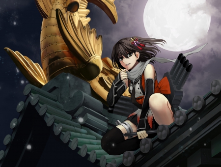 Sendai - moon, kancolle, night, long hair, scarf, gloves, kantai collection, black hair, sendai, tie, short hair