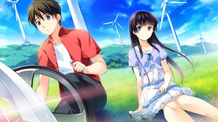 Peaceful Day - bike, anime girl, wheel, black hair, habane kotori, brown hair, white, purple, anime guy, anime, short hair, purple eyes, blue eyes, shirt, long hair, kono oozora ni tsubasa wo hirogete, wallpaper, wrench, green eyes, bow, windmill, dress