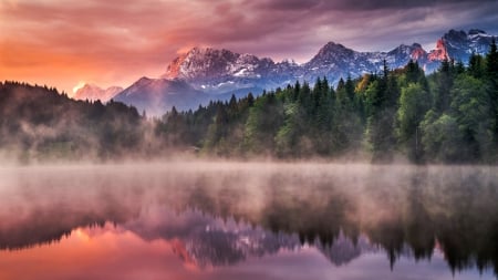 Sunrise Colors - hut, lake, sky, trees, snowy peaks, mountains, morning mist, forest, beautiful, clouds, sunrise