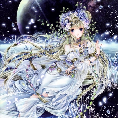 Cosmo Aura - pretty, anime, female, blossom, maiden, dress, blonde, blond hair, long hair, sublime, space, gorgeous, blond, hd, nice, gown, anime girl, realistic, beautiful, girl, blonde hair, beauty, lovely, sweet, flower, petals, cg, lady, angelic, floral