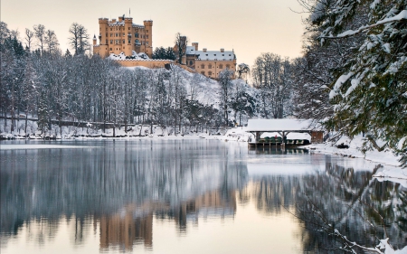 Winter at Hohenschwangau Castle, Germany - winter, reflection, castle, germany