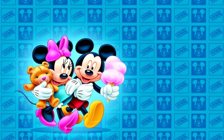 Minnie and Mickey - animation, yellow, blue, Mickey, mouse, love, pink, toy, sweet, bear, valentine, teddy, Minnie, couple, disney