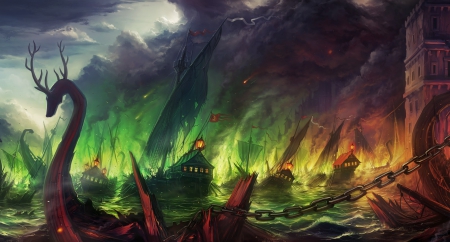 Ships - yellow, ship, sea, horns, fantasy, chains, fire, red, green, art, luminos