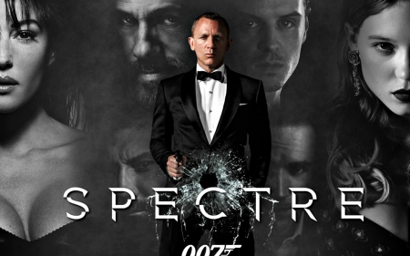 Spectre (2015) - actor, Lea Seydoux, poster, 007, Ralph Fiennes, man, actress, Monica Bellucci, Spectre, black, white, costume, Daniel Craig, woman, movie