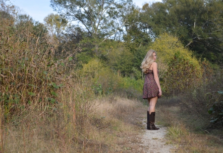 Morning Stroll - dress, cowgirl, pathway, boots