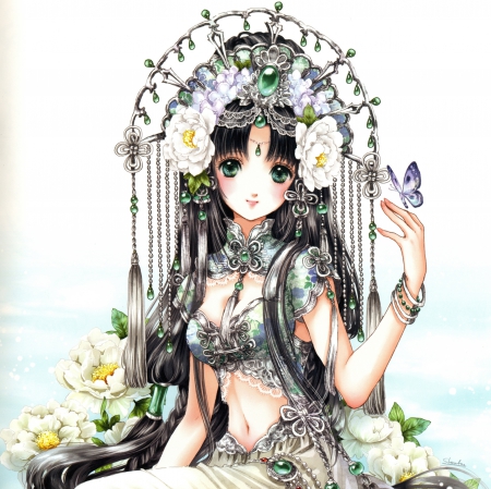 Jade Emerald - pretty, anime, tiara, female, blossom, crown, peony, gorgeous, plain, hd, princess, nice, anime girl, gemstones, royalty, beautiful, hot, girl, simple, beauty, lovely, jewel, sweet, flower, cg, fantasy, angelic, butterfly, floral, sexy, fantasy girl, jade