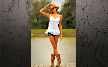 Cowgirl On The Dock - style, girls, western, women, water, models, hats, cowgirls, dock, fun, female, boots, fashion