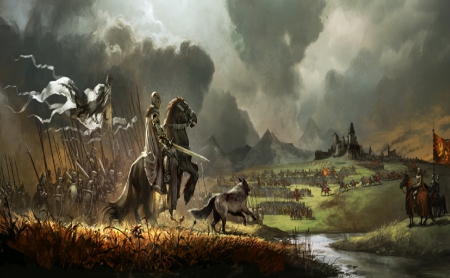 Gathering of the Armies - armies, castle, dog, men