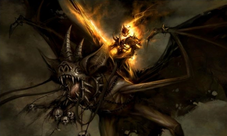 Demon Knight - chains, knight, bat, fire, demon