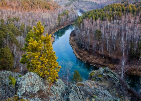 Autumn River, Siberia - trees, russia, water, mountains, fall, forest, beautiful, river, grass