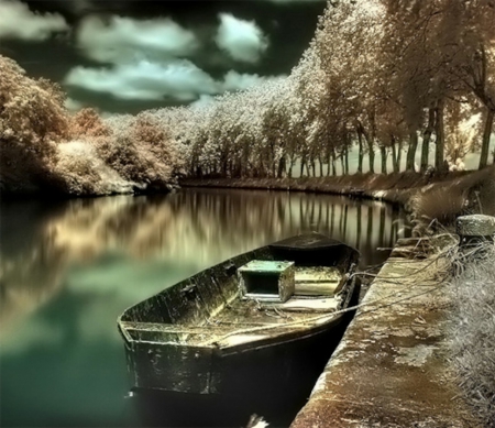 Peaceful Place - clouds, trees, nature, boat, landscape, lake, reflection