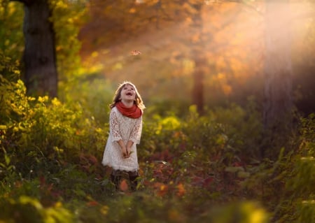 Sweetness - girl, child, nature, woods, childhood, forest, leaves, smile, grass