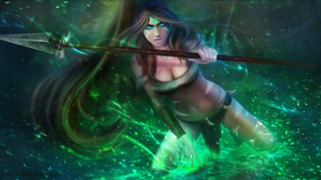 Nidalee - realist anime girl, long hair, anime girl, black hair, nidalle, green eyes, green, tree, hunter