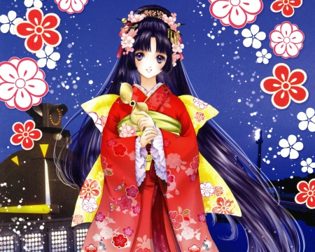 Hime - pretty, anime, kawaii, female, cherry, blossom, long hair, japan, oriental, blue hair, hd, nice, purple hair, aodrable, anime girl, sakura, cherry blossom, beautiful, girl, beauty, kimono, lovely, sweet, flower, yukata, cg, ssom, cute, floral, japanese