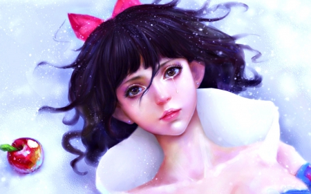 Snow White - tears, girl, sunmomo, femeie, winter, fruit, art, pink, red, snow white, apple