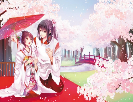 Cherry Love - game, blossom, cherry, spring, romance, kimono, love, pink, cg, oriental, japan, umbrella, cute, couple, japanese