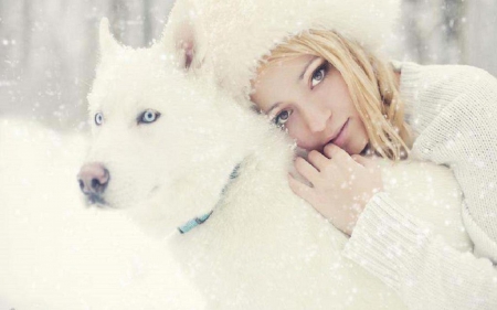 GIIRL AND FRIEND - girl, dog, snow, winter, friend