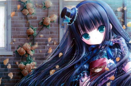 Tinkle - flower, rose, cute, tinkle, blossom, sublime, anime girl, adorable, girl, adore, floral, lolita, blue hair, blouse, pretty, kawaii, sweet, anime, hd, amour, dress, cg, long hair, petals, loli, angelic, nice, lovely, female