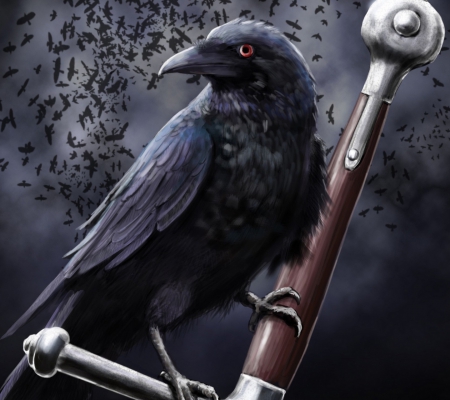 Raven and Sword - bird, raven, war, sword, dark, blade, black, battle, crow