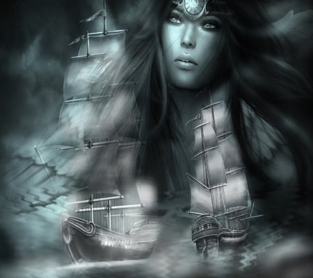 Just a dream - beautiful woman in the background, moon, female, sea, two ship, dream, dark, lady, waves, nice wallpaper