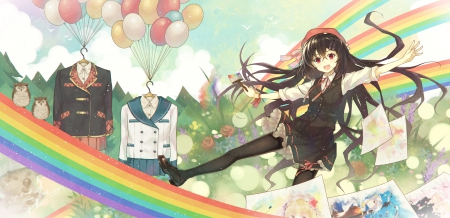 ~Happiness~ - flowers, colorful, clothes, anime, rainbow, girl, balloons, happy