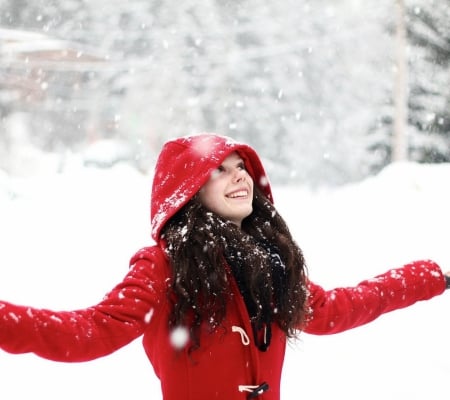 Happy Winter - winter, happy, beauty, red jacket, beautiful, happy valentine day, girl, smiling, brown, photography, woman