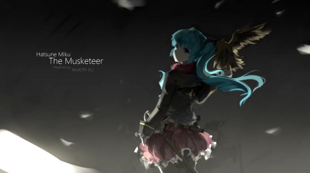 Hatsune Miku:The Musketeer - hatsune miku, skirt, aqua hair, bird, vocaloid, anime, animal, sword, aqua eyes