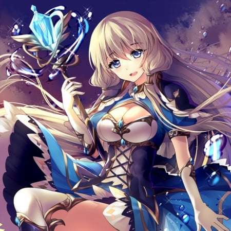 Blue - beauty, female, hot, smiling, wand, blond, anime girl, angelic, gorgeous, blond hair, blonde hair, anime, splendid, sexy, girl, long hair, hd, blue, beautiful, smile, awesome, happy, dress, blonde