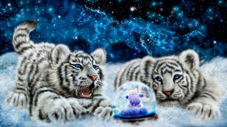 Snow Globe - globe, white, cute, snow, stars, tiger, sky