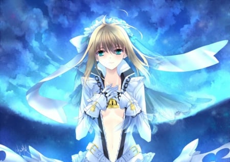 Saber Bride - pretty, saber, anime, female, blue, dress, blonde, blond hair, saber bride, long hair, blond, nice, bride, anime girl, beautiful, hot, girl, blonde hair, beauty, lovely, sweet, sexy, fate stay night