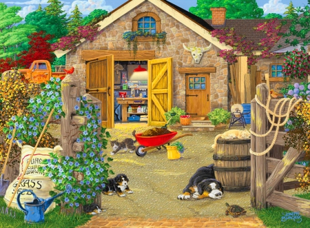 Welcome to neighborhood - fun, freshness, joy, animals, countryside, colorful, yard, spring, welcome, village, pretty, beautiful, house, neightborhood