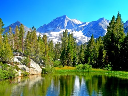 Sierra mountain lake - sky, trees, greenery, spring, rocks, reflection, sierra, snowy, cliffs, lake, landscape, mountain, majestic, lovely, peak, forest, beautiful