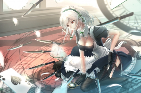 Deadly Maid - nice, beauty, rapier, female, hot, wicked, anime girl, knife, black, white, touhou, pretty, sinister, anime, silver hair, dagger, sexy, girl, long hair, apron, lovely, cg, hd, izayoi sakuya, beautiful, weapon, card, sweet, maid, dress