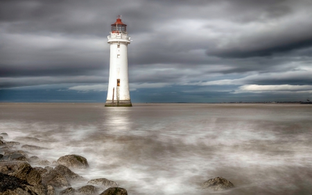 Lonely Lighthouse - architecture, lighthouse, sea, clouds