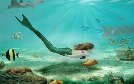 Little mermaid - girl, child, fantasy, underwater, mermaid, blue, green, fish, sea, little