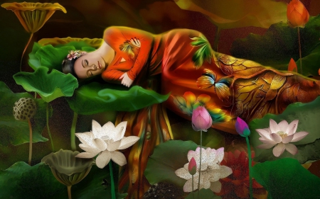 Sleeping beauty - flower, digital, girl, sleep, art, lotus, lake, white, fantasy, orange, kimono, asian, woman, green