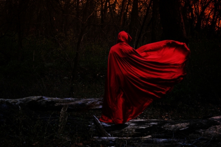 Scarlet Woman - woman, trees, hood, scarlet, cloak, person, dark, forest, walk, red, cape