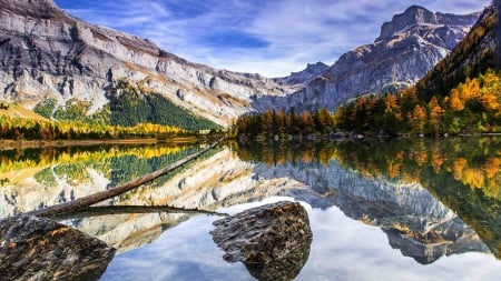 Swiss Alps - autumn, lake, trees, water, trunk, mountains, forest, reflection, beautiful