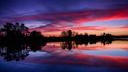 Evening - sky, trees, water, sunset, shore, reflection, surface, forest, evening, clouds