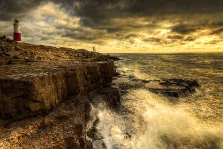 Ocean View - sky, ocean, lighthouse, ocean waves, sunset, waves, nature, sea view, clouds, sea