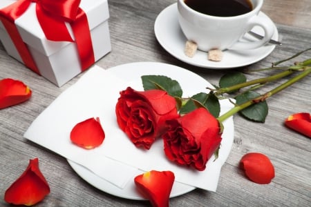 With Love - coffee, roses, rose, cup, with love, nature, petals, valentines day, flowers