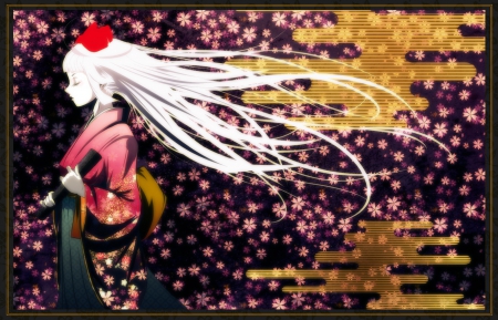 kimono girl - mubouou aasaa, girl, beautiful, anime, kimono, flowers, white hair